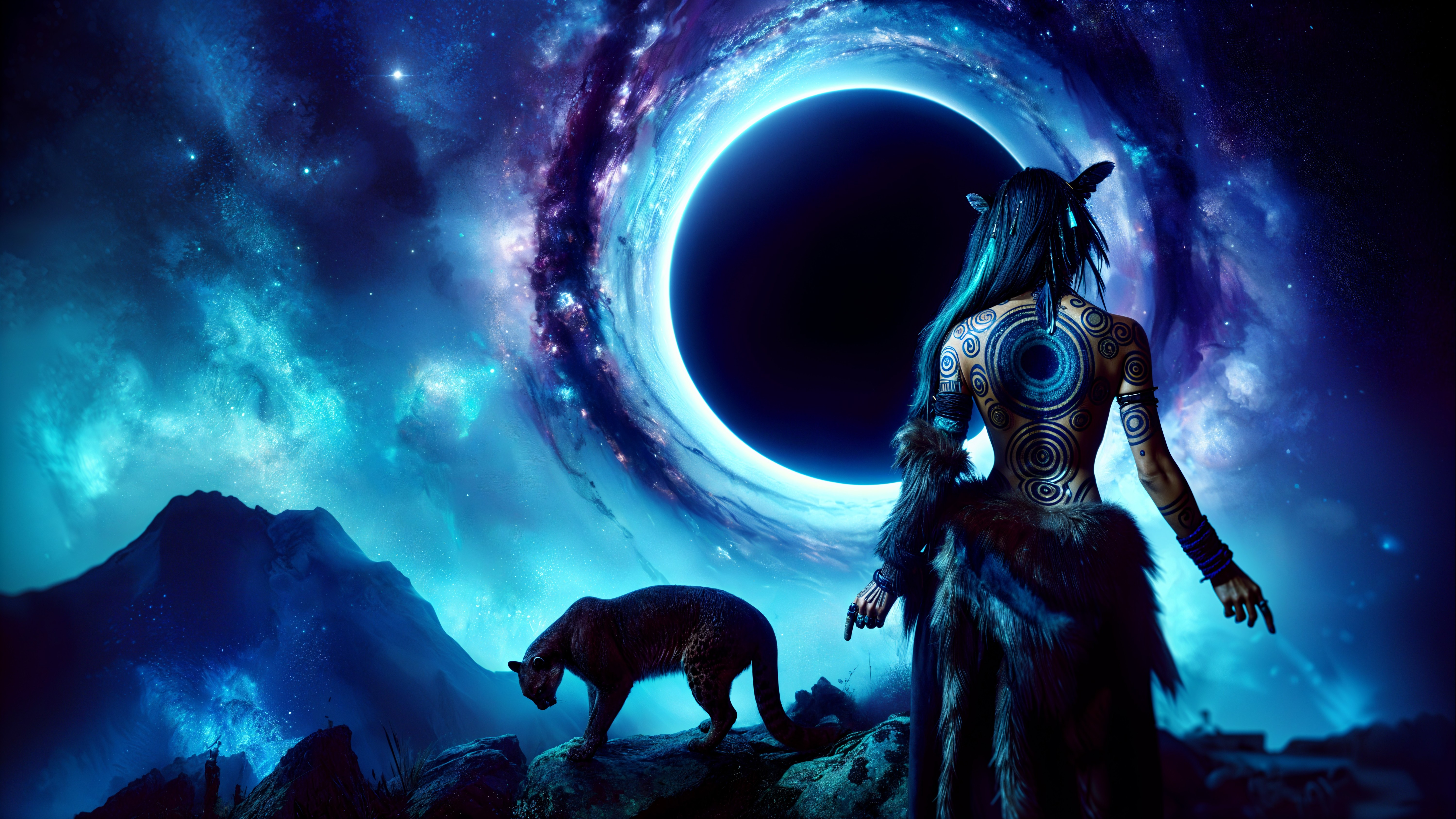 Mysterious figure and panther by cosmic vortex