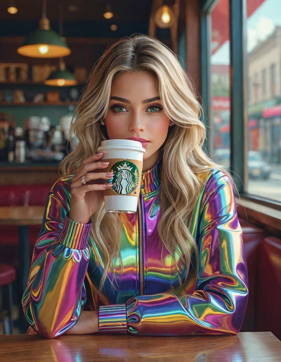 Young Woman in Cozy Café with Colorful Jacket