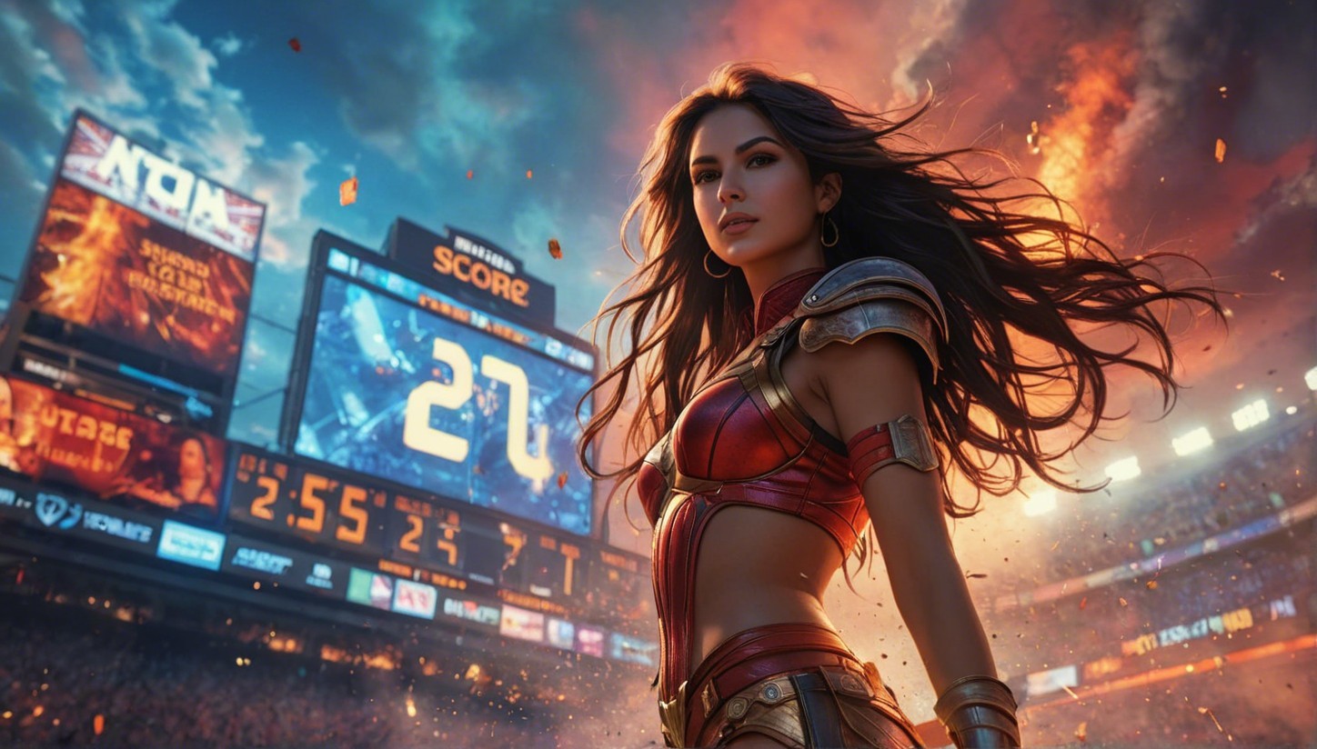 Fantasy Warrior Woman in Stadium with Dramatic Sky