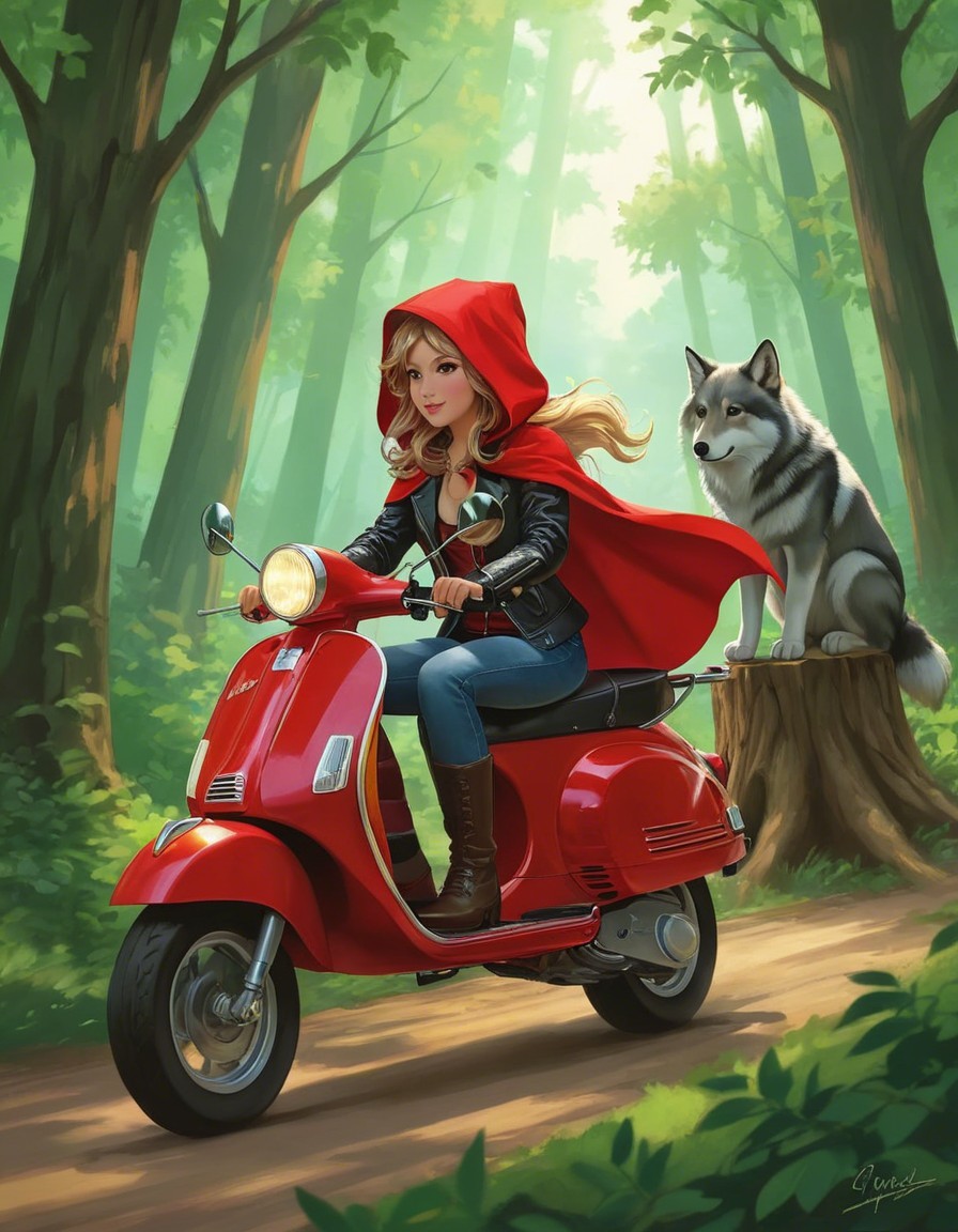 Young Woman on Scooter with Wolf in Vibrant Forest