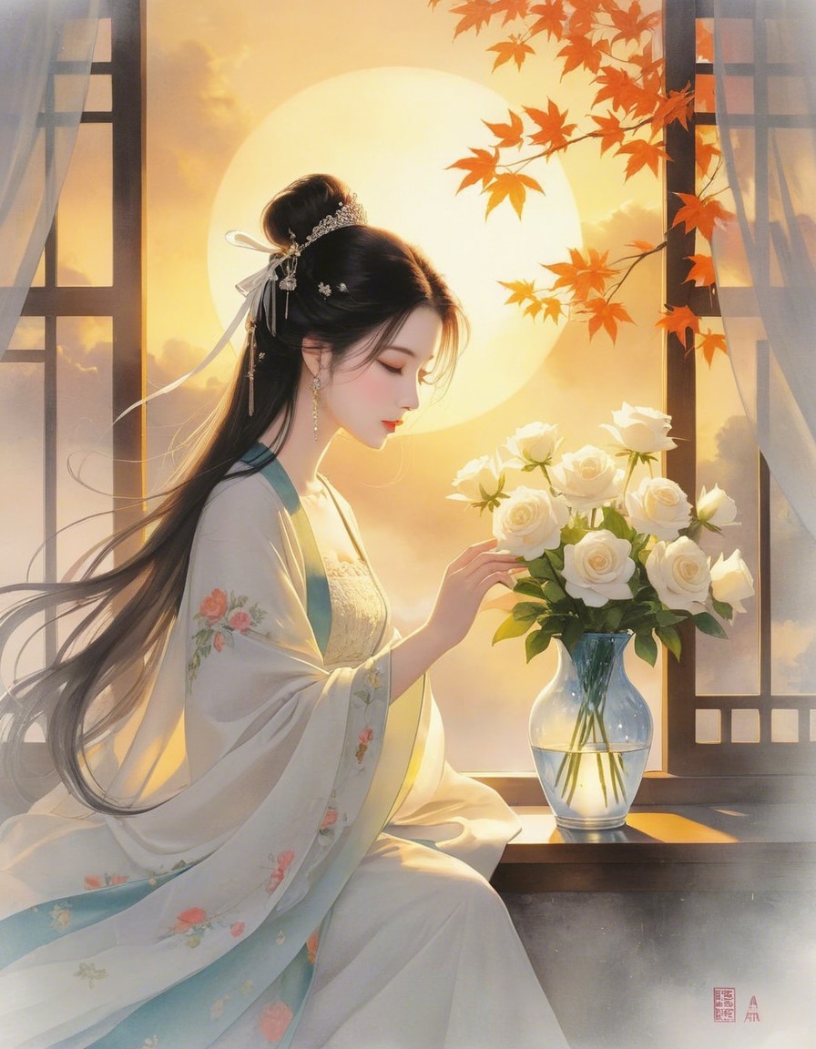 Woman in Traditional Attire Arranging White Roses by Window