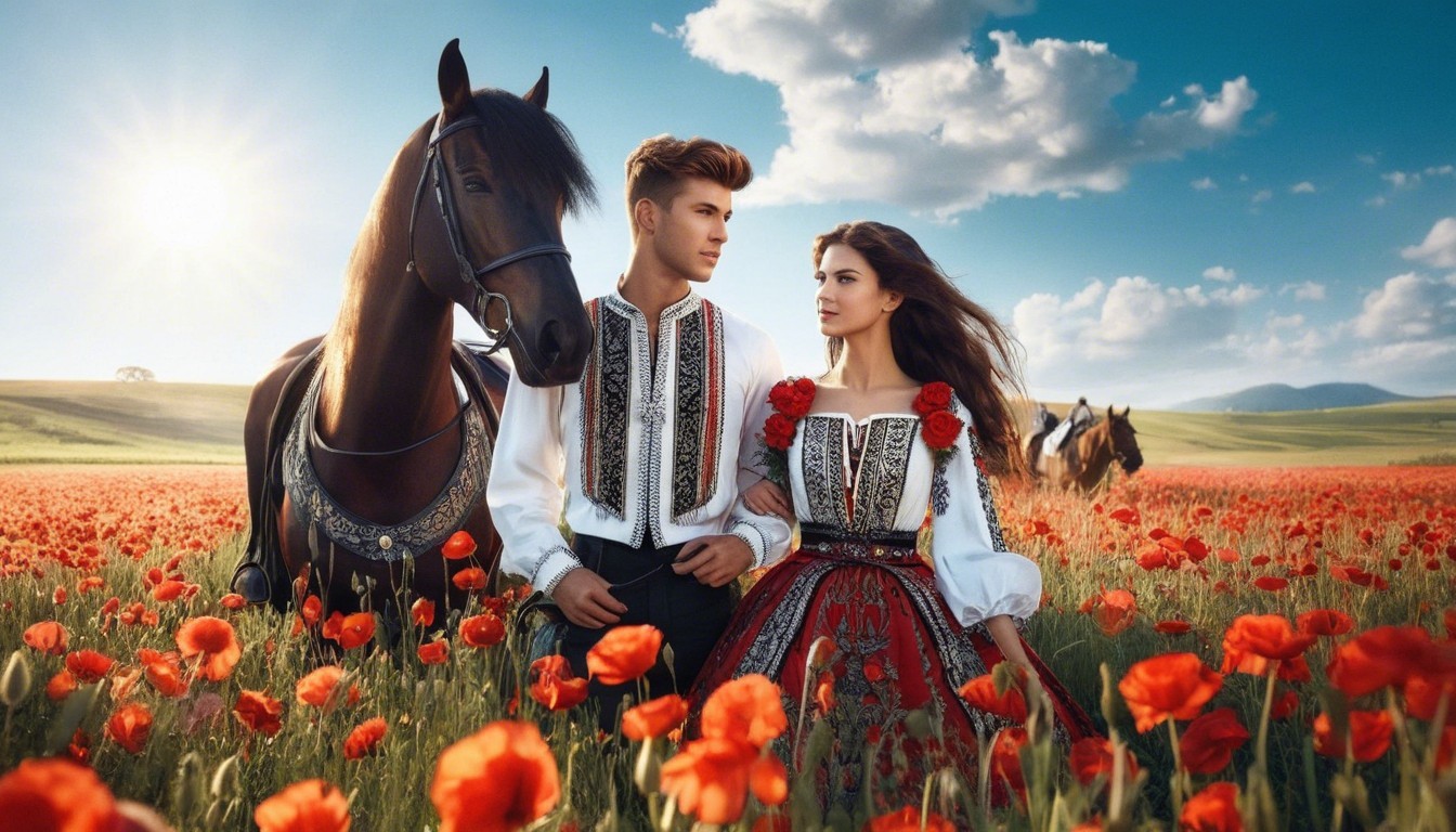 Young Couple in Traditional Attire Amidst Poppy Field