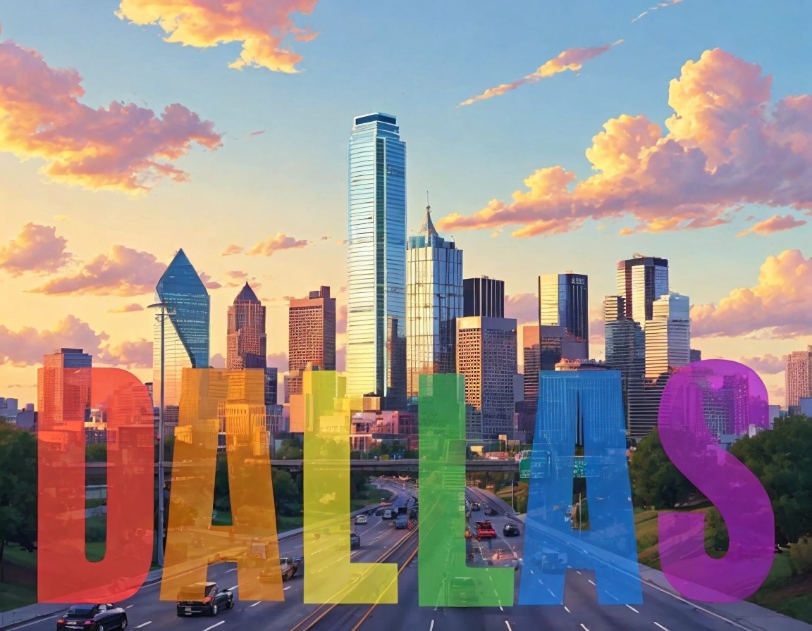 Dallas Skyline at Sunset with Colorful "DALLAS" Text