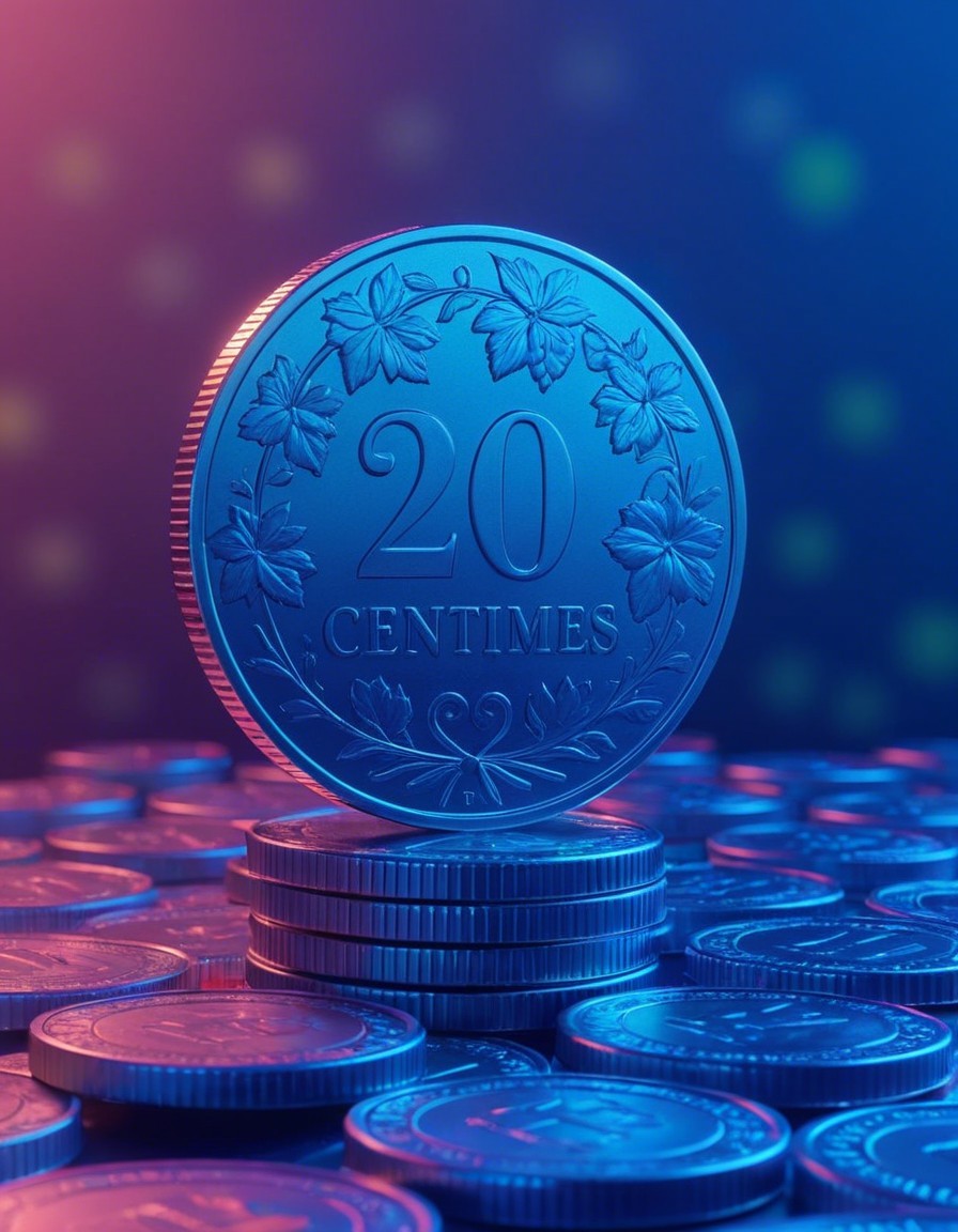 Shiny 20-Cent Coin on Mound of Coins with Gradient Background