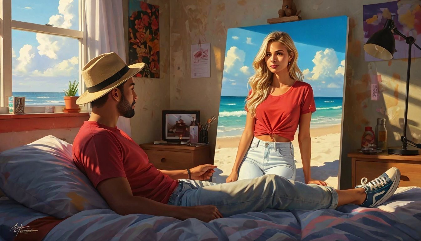 Cozy Room with Man, Beach Painting, and Warm Tones