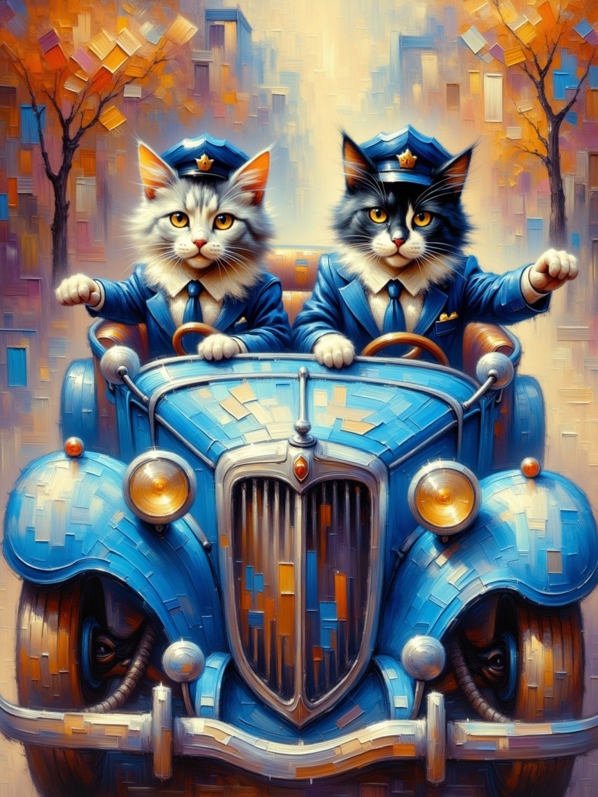 Cartoon Cats in Police Uniforms Driving Vintage Car