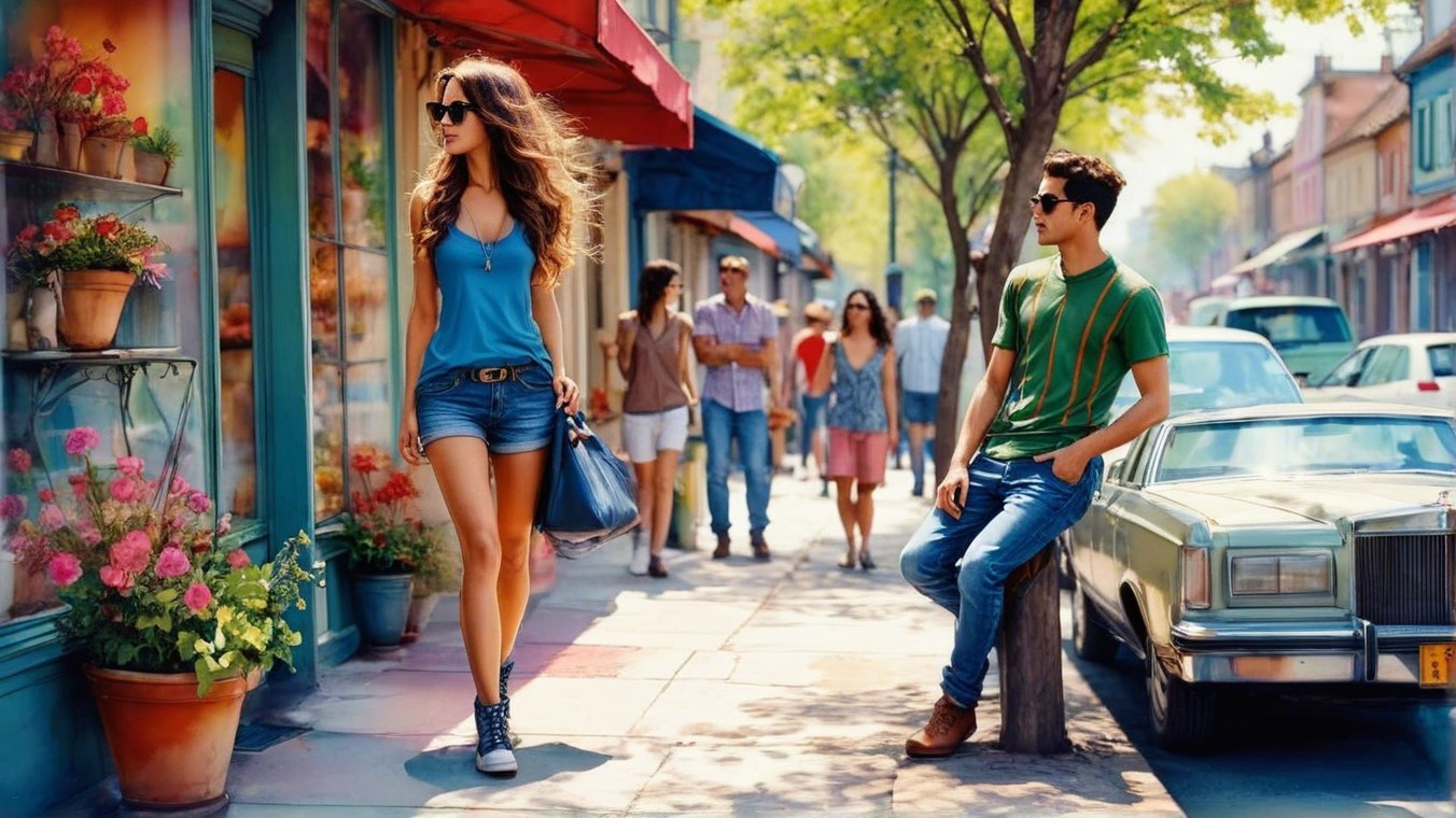 Vibrant street scene with young woman and classic car