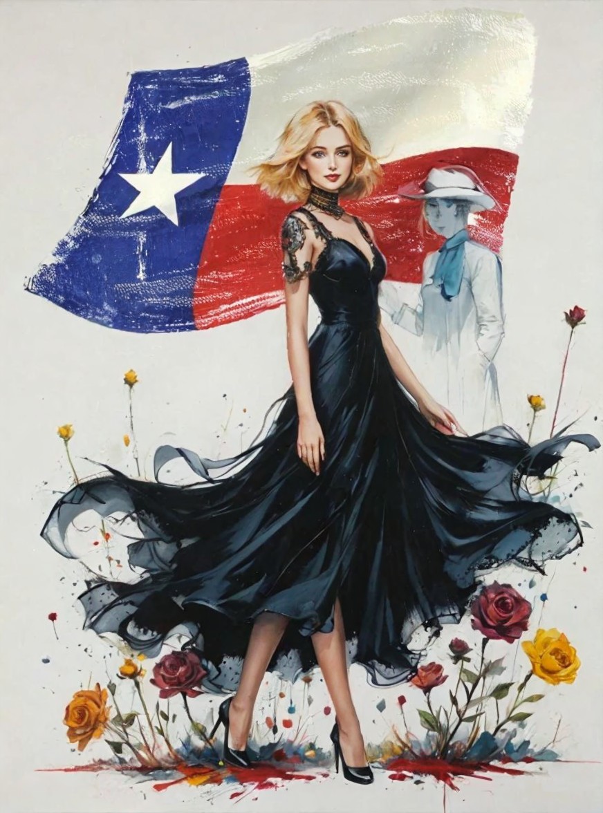Glamorous Woman in Black Dress with Texas Flag Backdrop