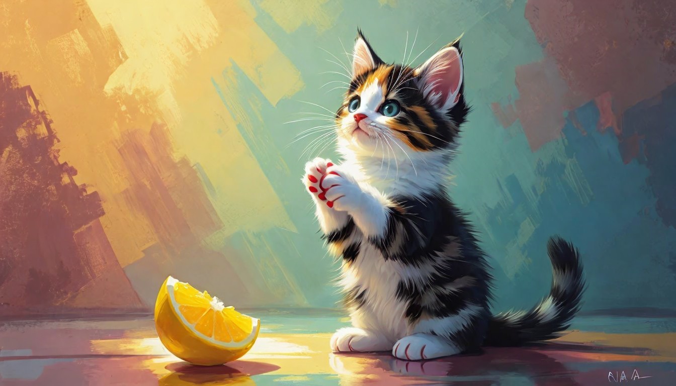 Calico Kitten Reaching for Lemon in Colorful Setting