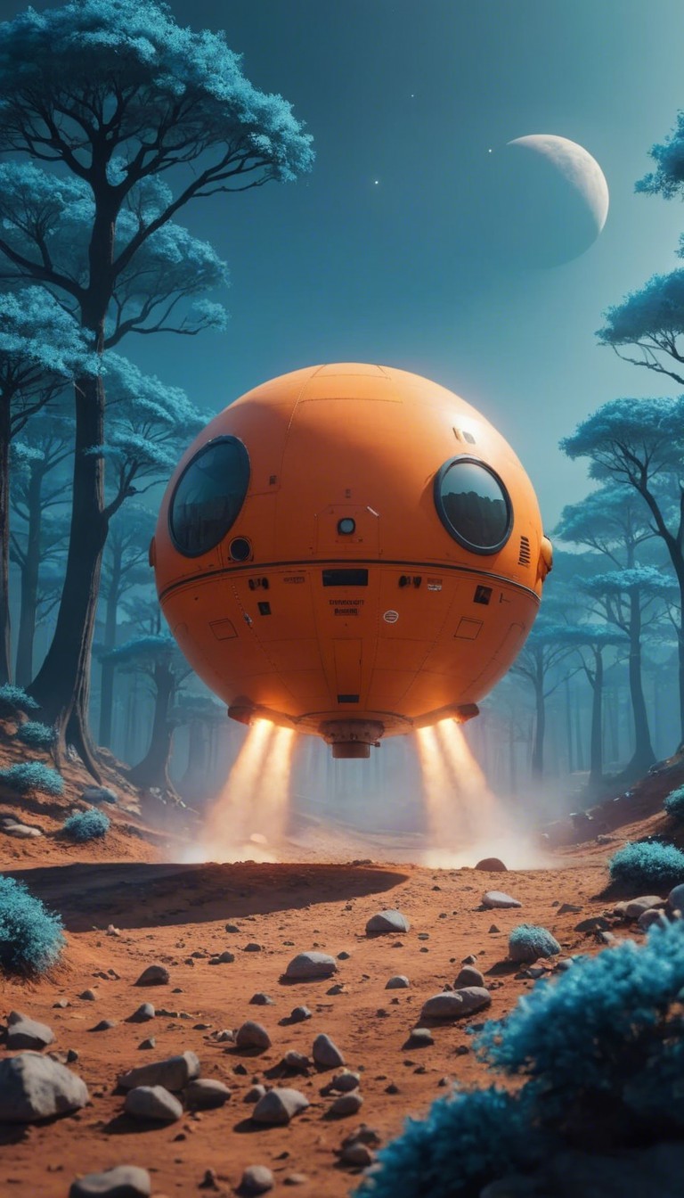 Whimsical Orange Spaceship Over Rocky Landscape