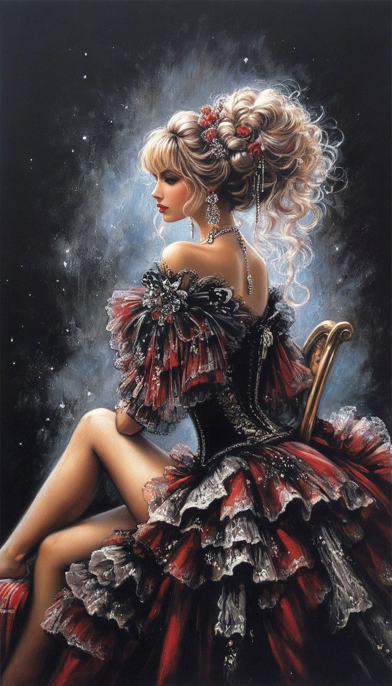 Glamorous Woman in Opulent Gown Against Starry Night
