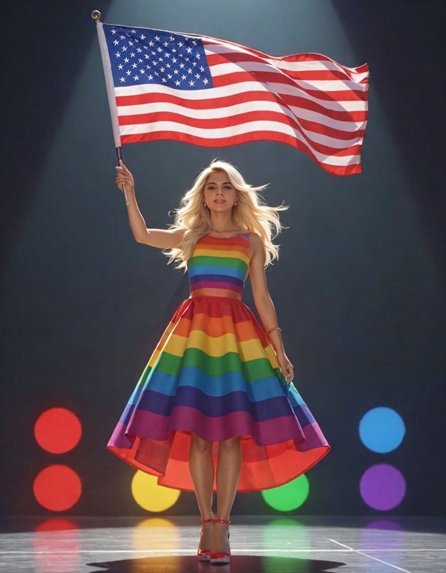 Confident Woman Waving American Flag on Stage