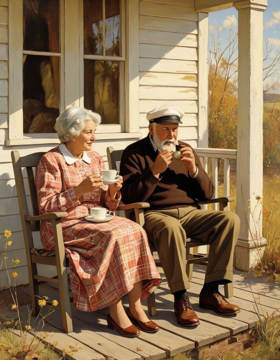 Elderly Couple on Porch in Autumn Setting