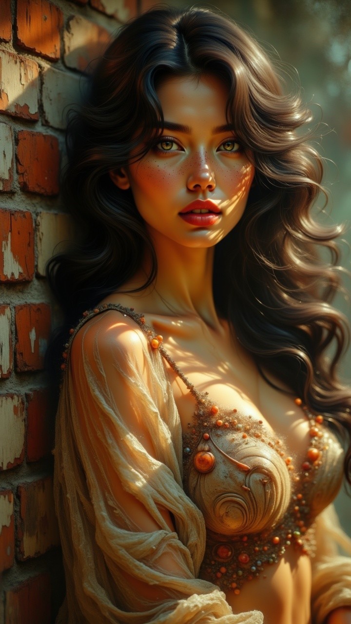 Portrait of a woman with wavy hair by a brick wall