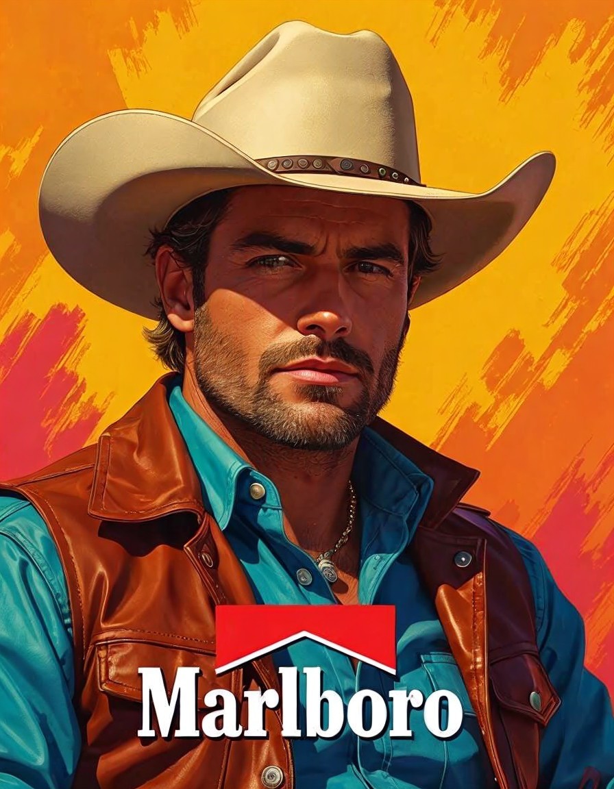 Rugged Cowboy in Vibrant Attire Against Warm Background