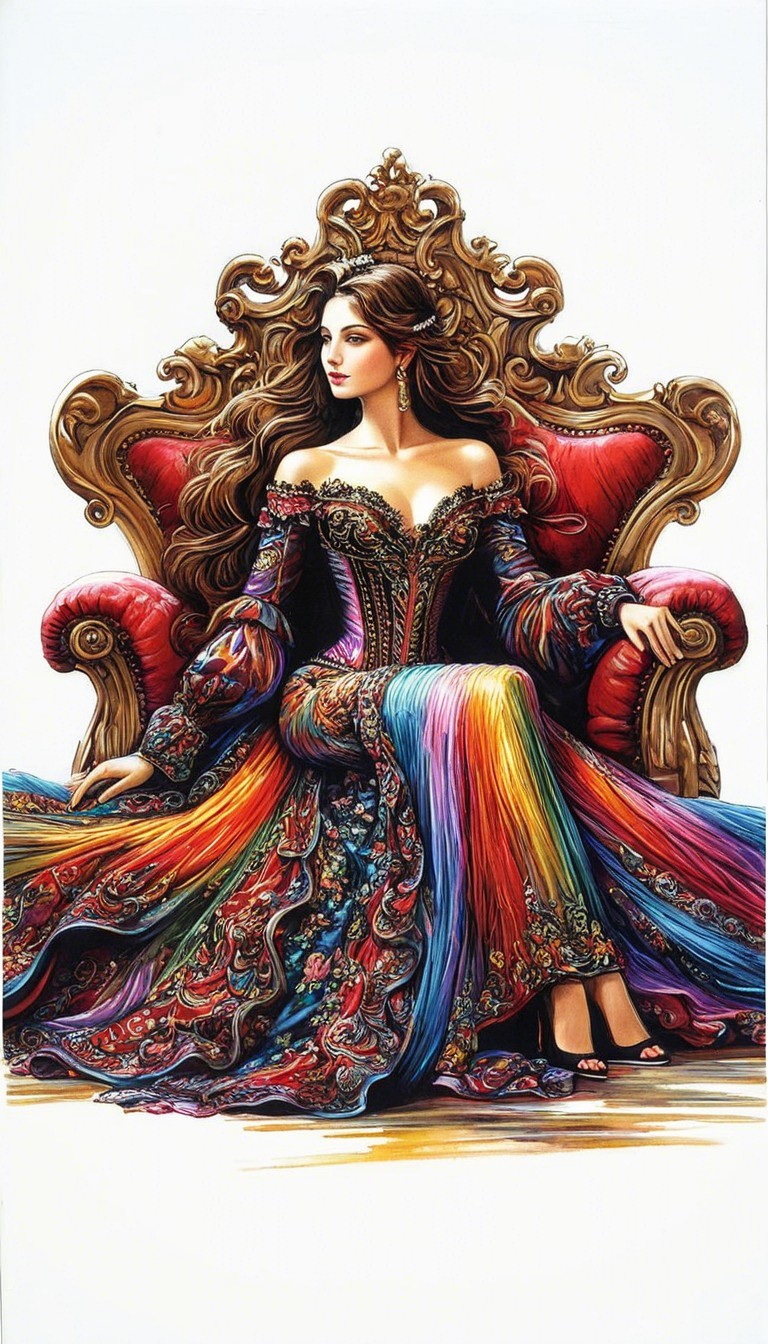 Regal Figure on Ornate Throne in Vibrant Gown