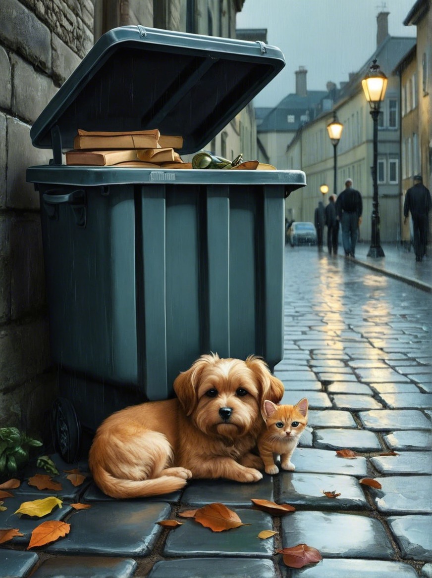 Small Dog and Kitten on Cobblestone Street at Night