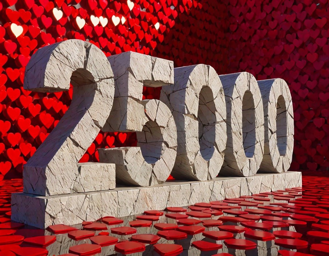 Textured Stone Sculpture of Number 25000 with Hearts