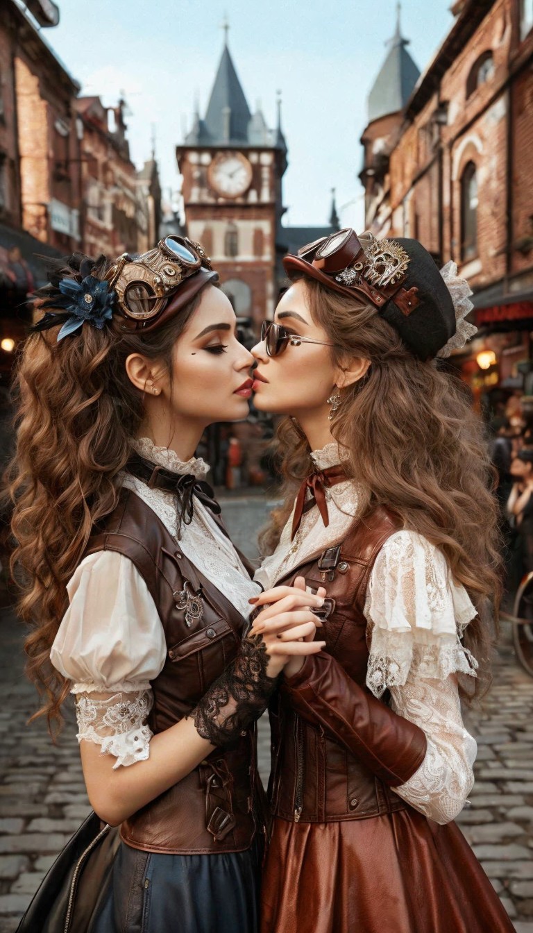 Steampunk Scene with Two Women Sharing a Kiss