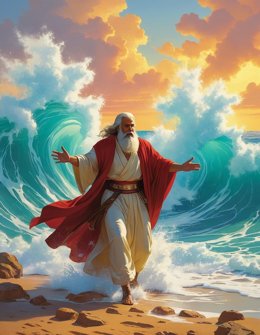 Majestic Figure Commanding Waves on a Beach Scene