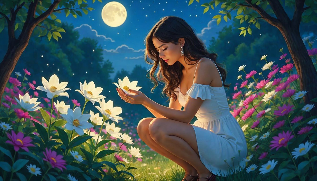 Young Woman in White Dress with Glowing Butterfly