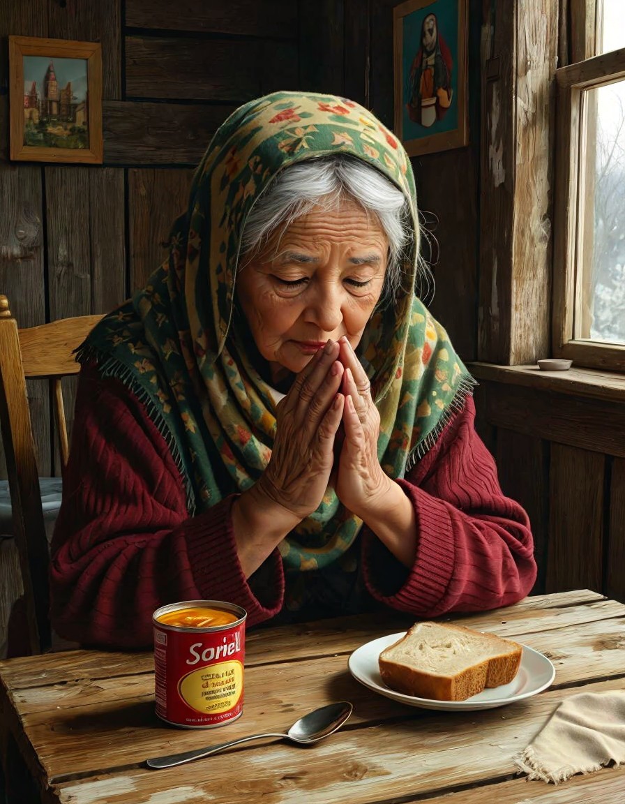 Elderly Woman in Contemplation at Wooden Table