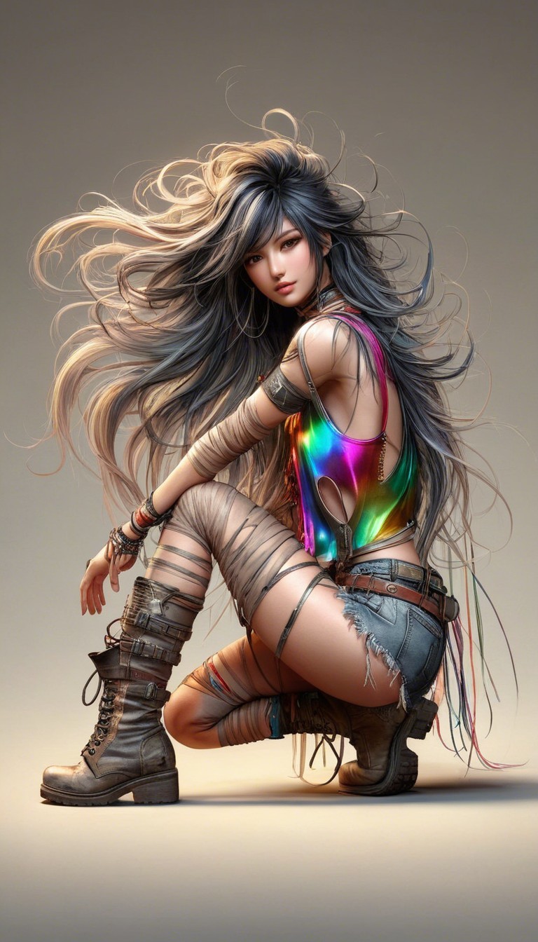 Crouched Female Figure in Colorful Fashion and Accessories