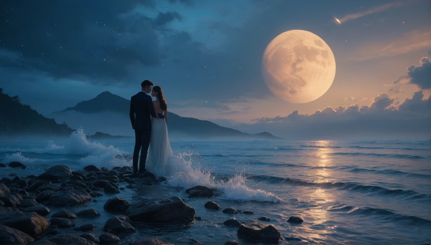 Couple Embracing on Rocky Shore Under Starry Sky