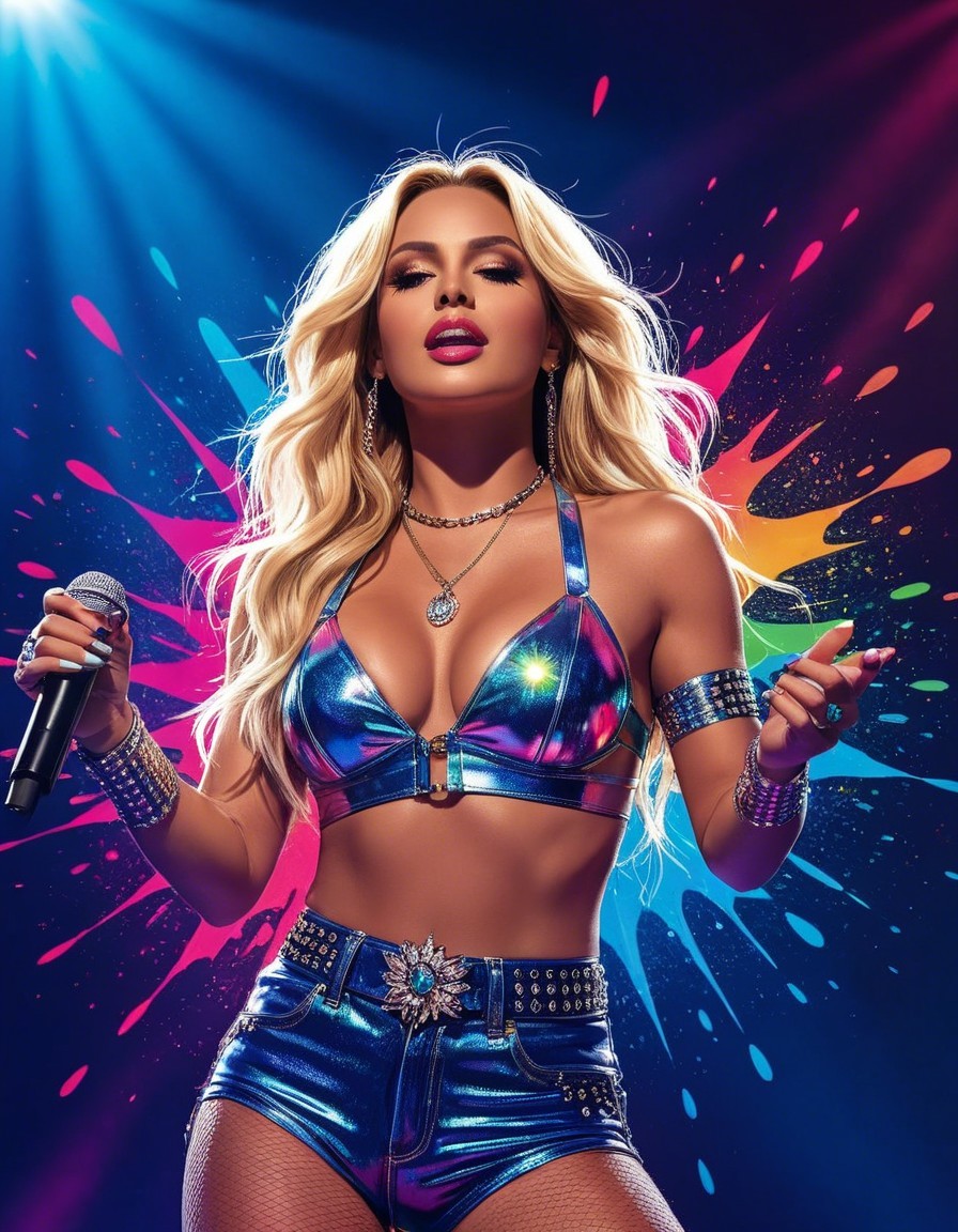 Glamorous performer in metallic bikini with vibrant backdrop