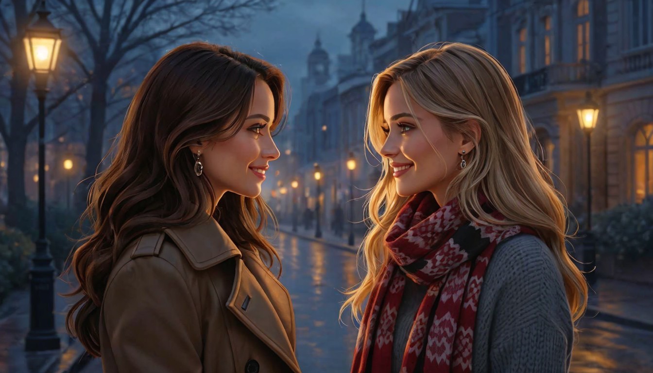 Twilight Street Scene with Two Women Sharing a Smile