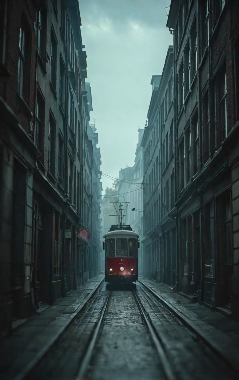 Vintage Red Tram on Cobblestone Street in Foggy Setting
