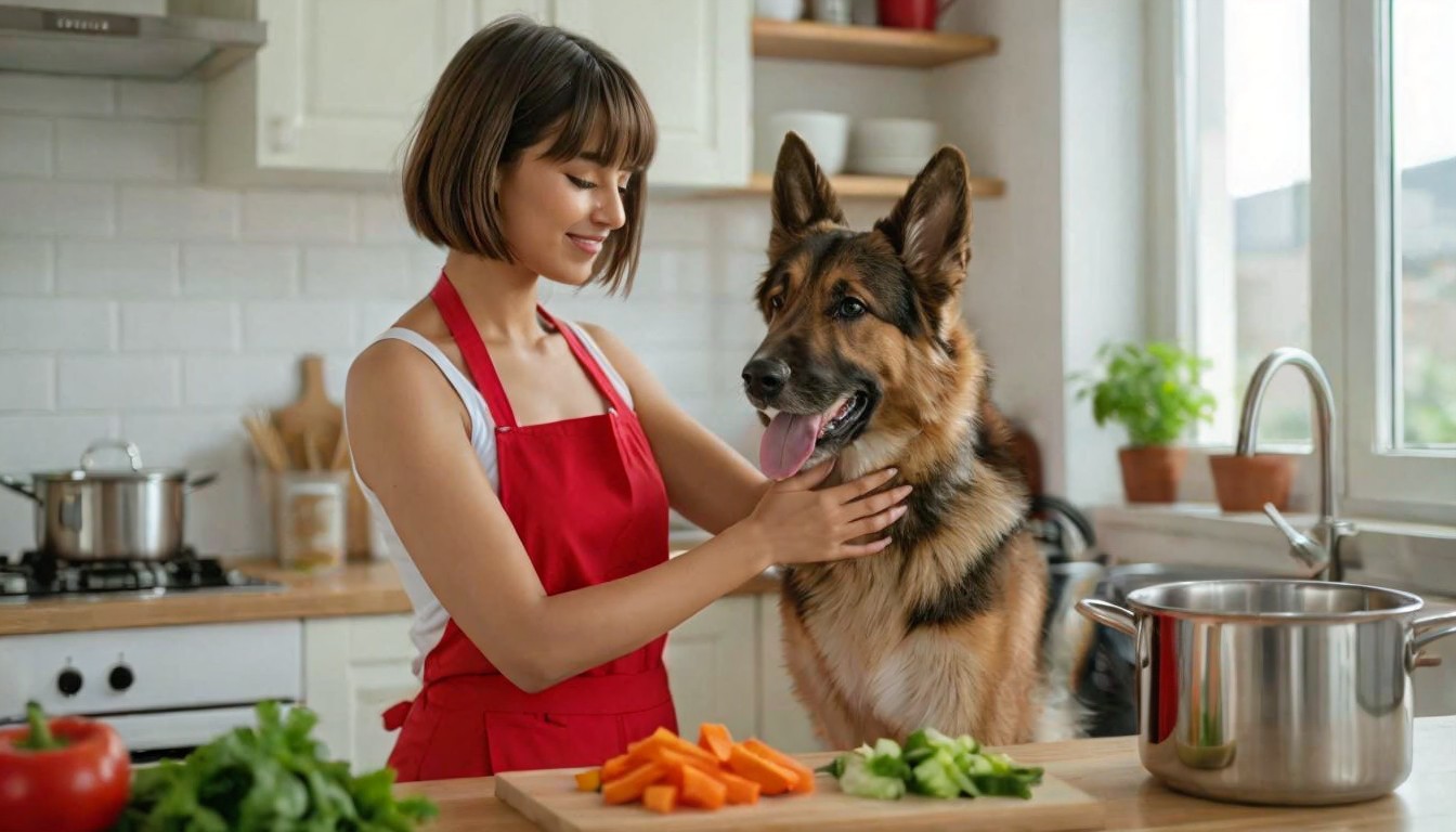 Woman in Red Apron Smiling with Dog in Kitchen