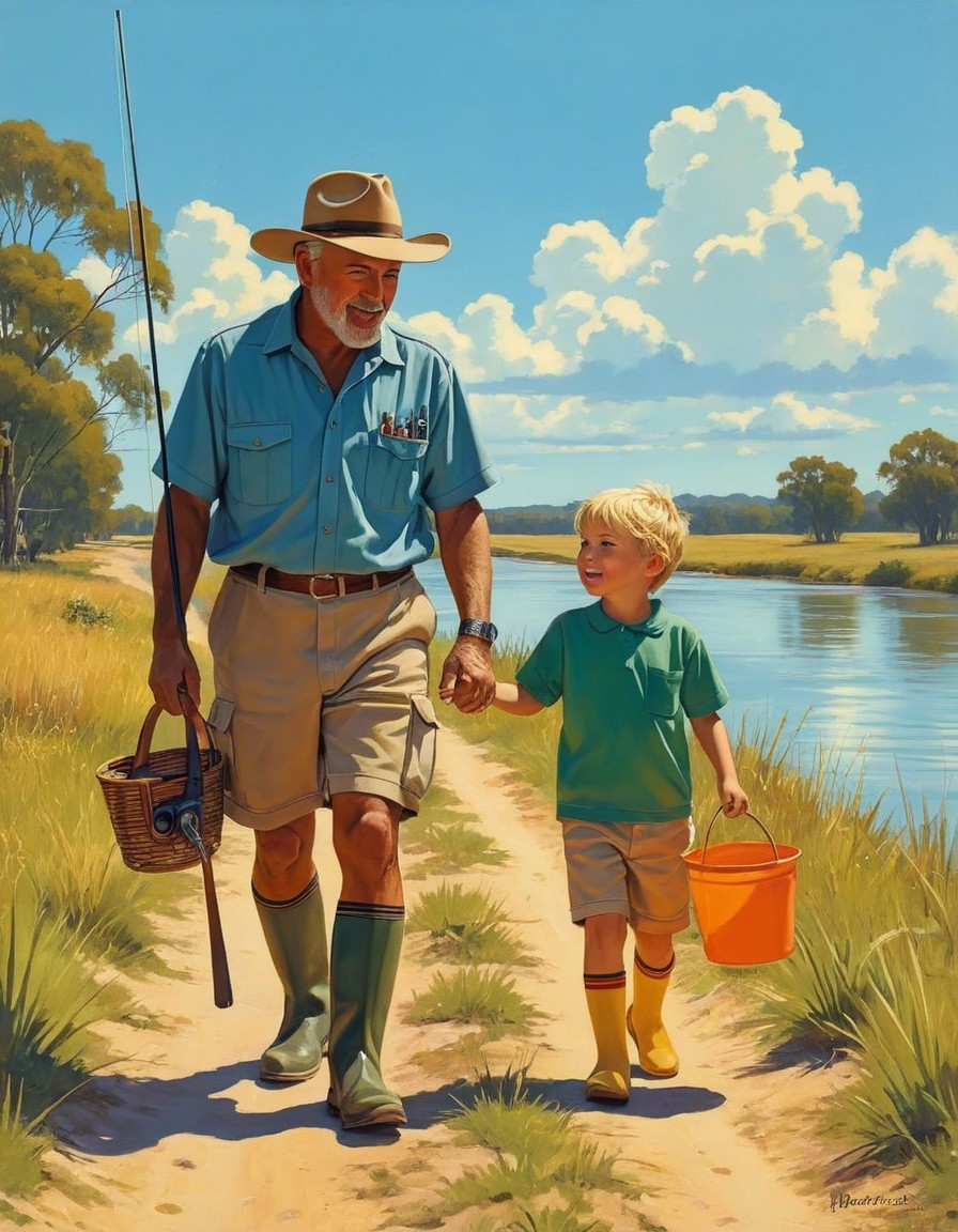 Grandfather and grandson walking by a riverside path