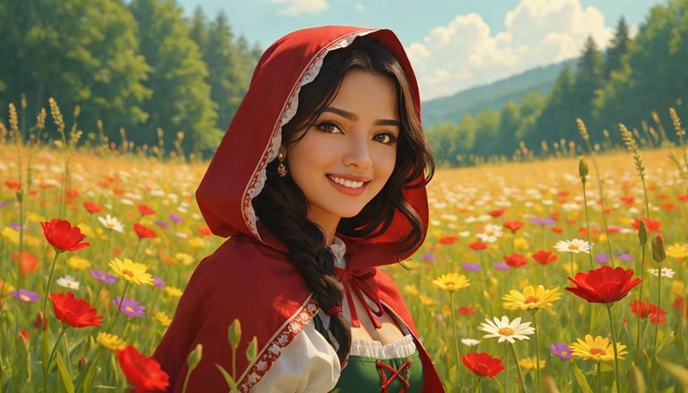 Young Woman in Red Cloak in Flower Meadow Scene