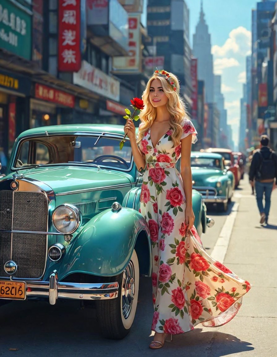 Woman in Floral Dress by Vintage Car in City Scene
