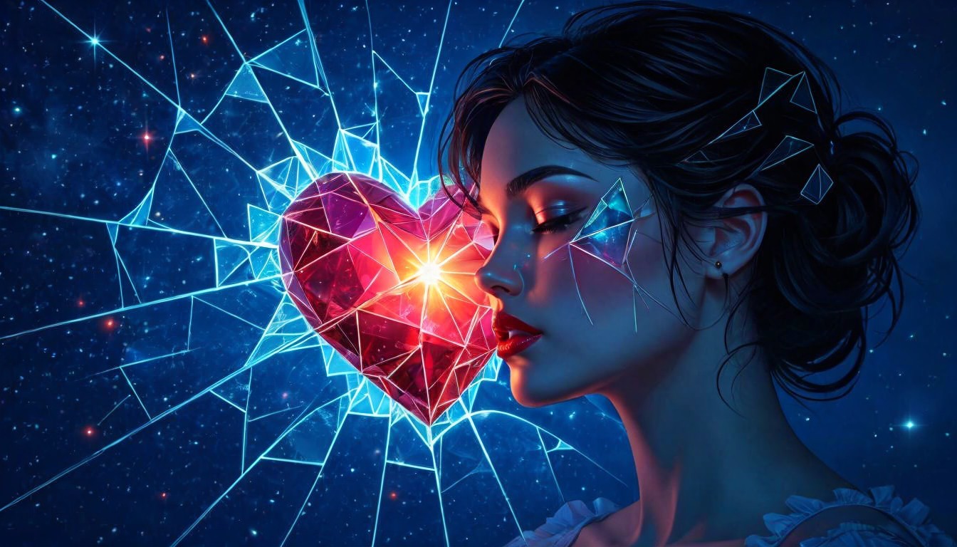 Cosmic Woman with Cracked Skin and Geometric Heart