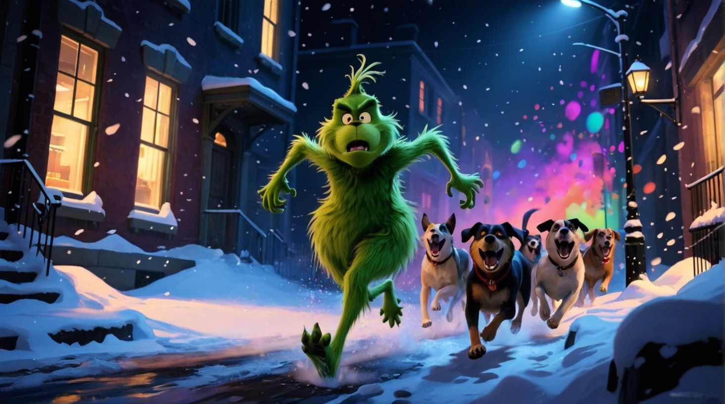 Grinch Running in Snowy Town with Chasing Dogs