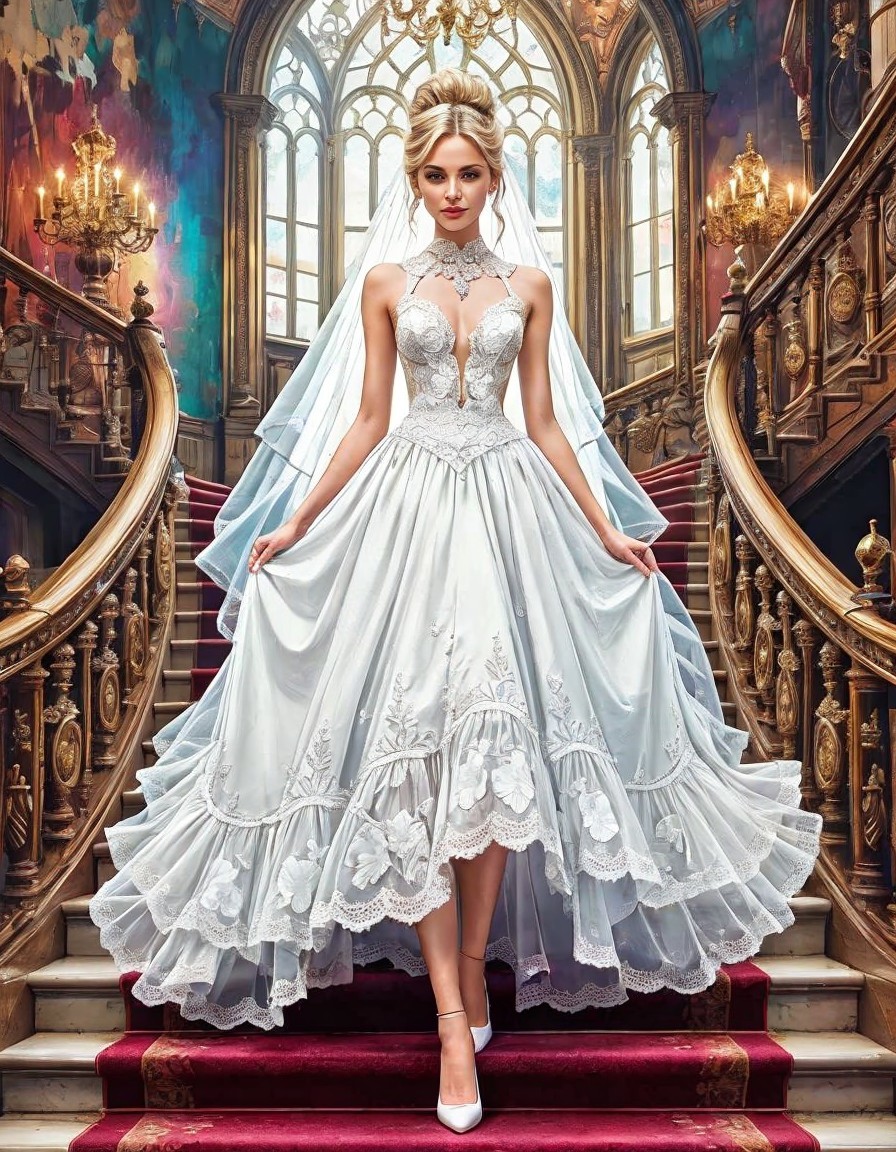 Elegant Bride on Grand Staircase in Silver Gown