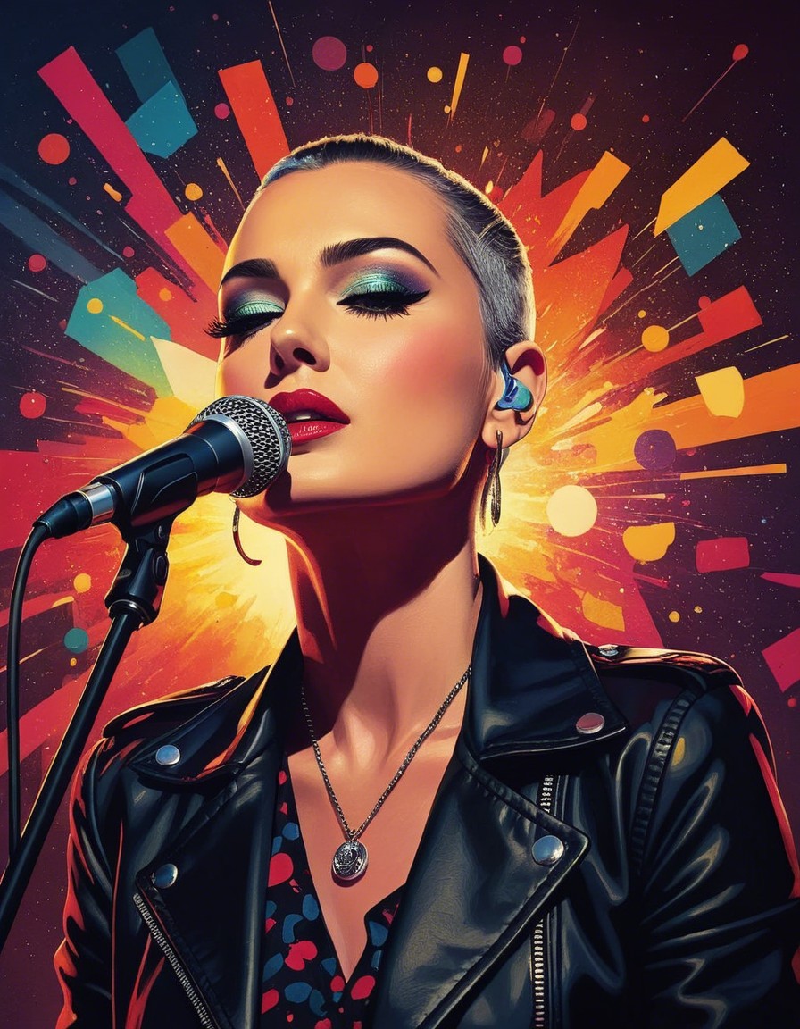 Singer with microphone and vibrant geometric background