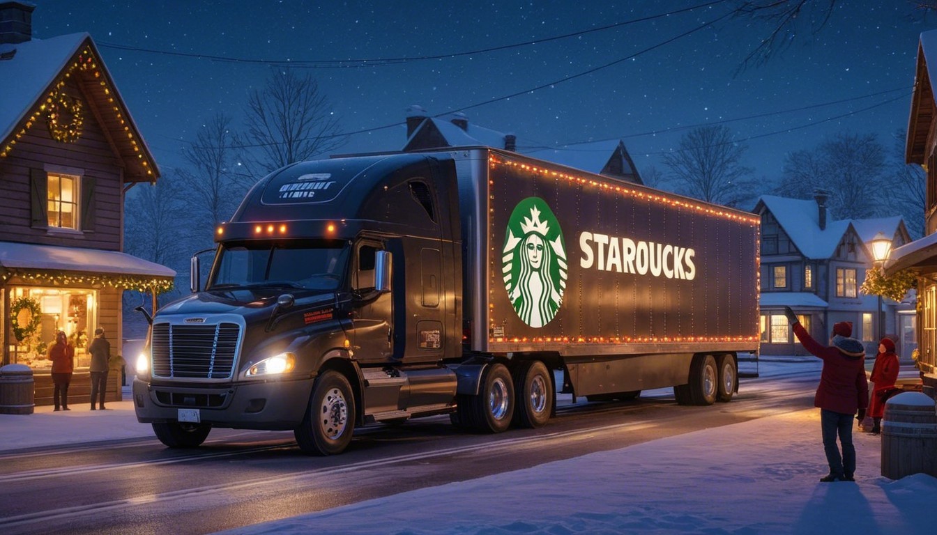 Festive Winter Scene with Starbucks Truck and Decorated Homes