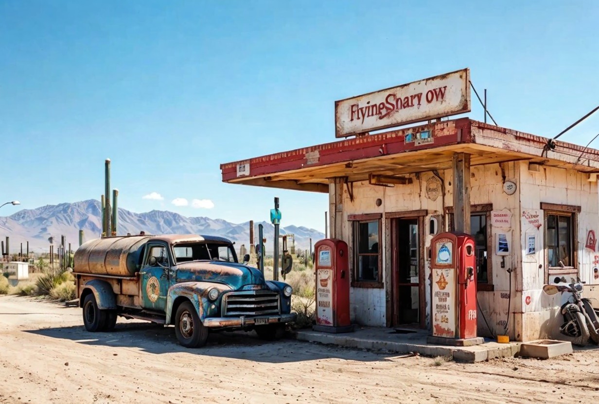 Rustic Gas Station with Vintage Pumps in Desert Landscape