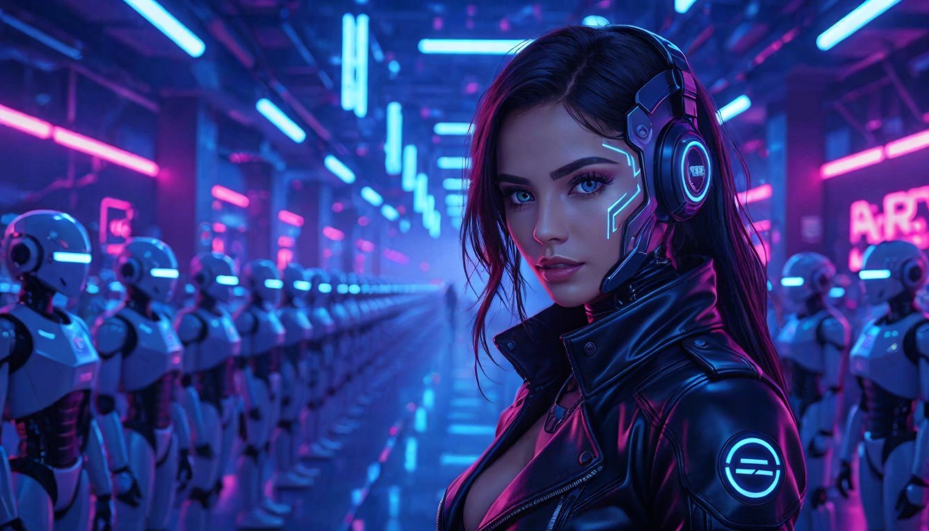 Futuristic Woman in Leather Jacket with Humanoid Robots