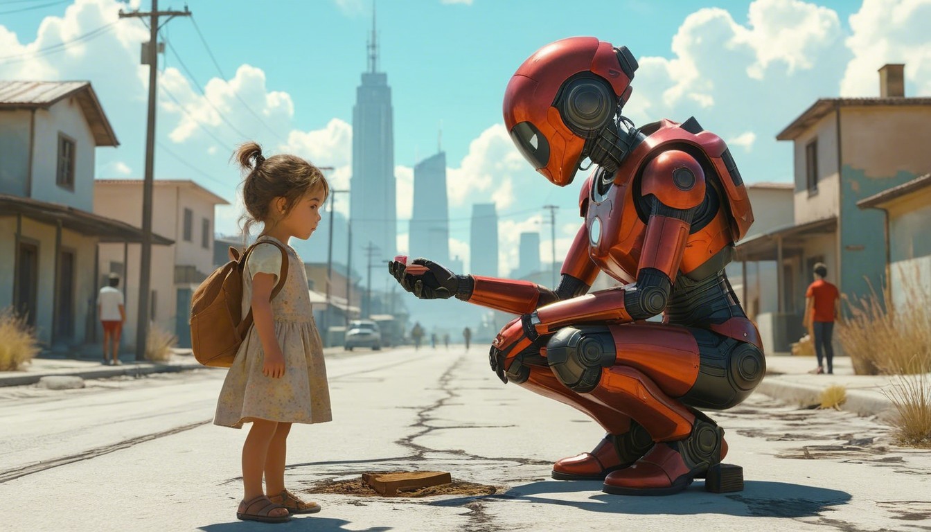 Futuristic City with Robot and Curious Girl Interaction