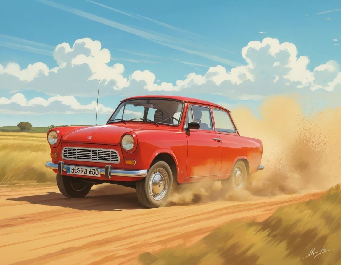 Red Car on Dusty Road with Fields and Blue Sky