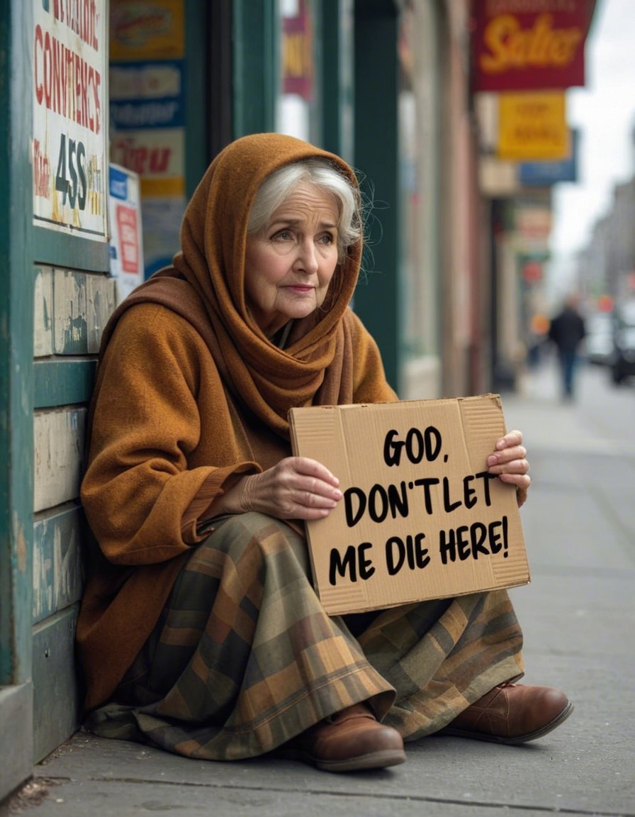 Older Woman with Sign on City Sidewalk