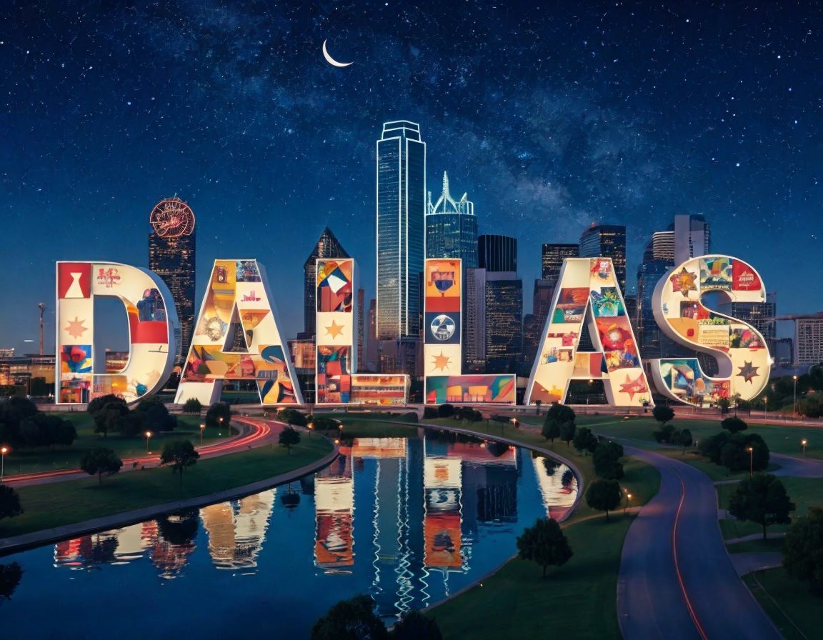 Dallas Skyline at Night with Colorful "DALLAS" Sign
