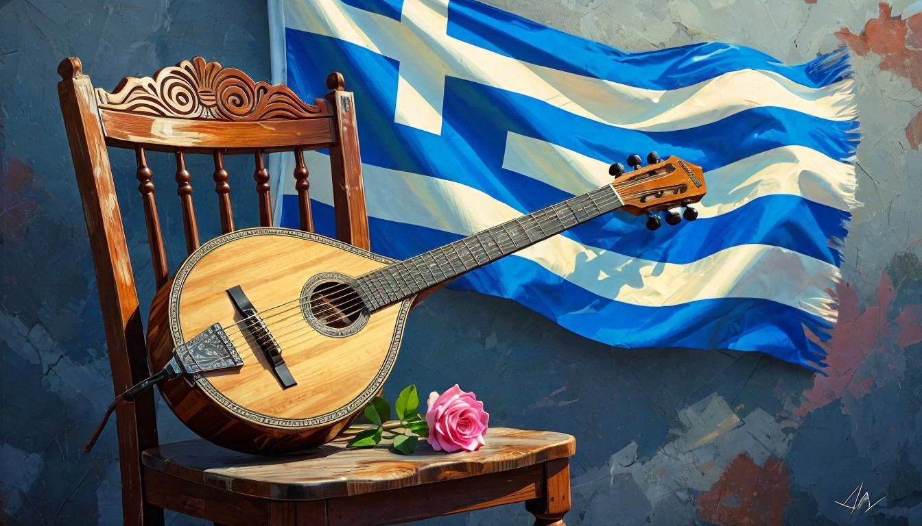 Wooden Bouzouki with Greek Flag and Pink Rose