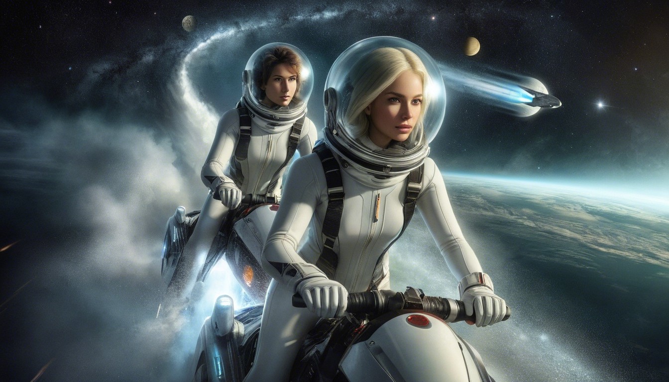 Female Astronauts Navigating Space on Hovercrafts