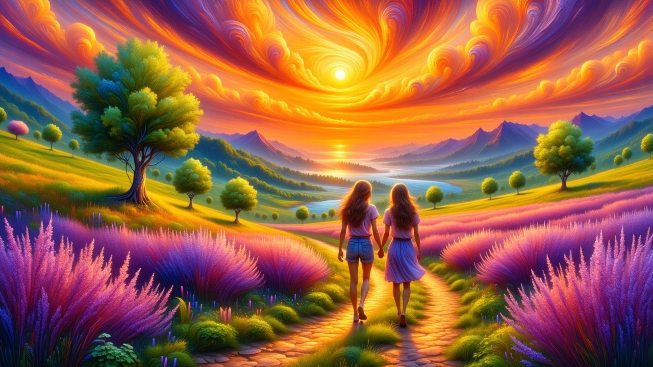 Vibrant Landscape with Figures and Scenic Sunset