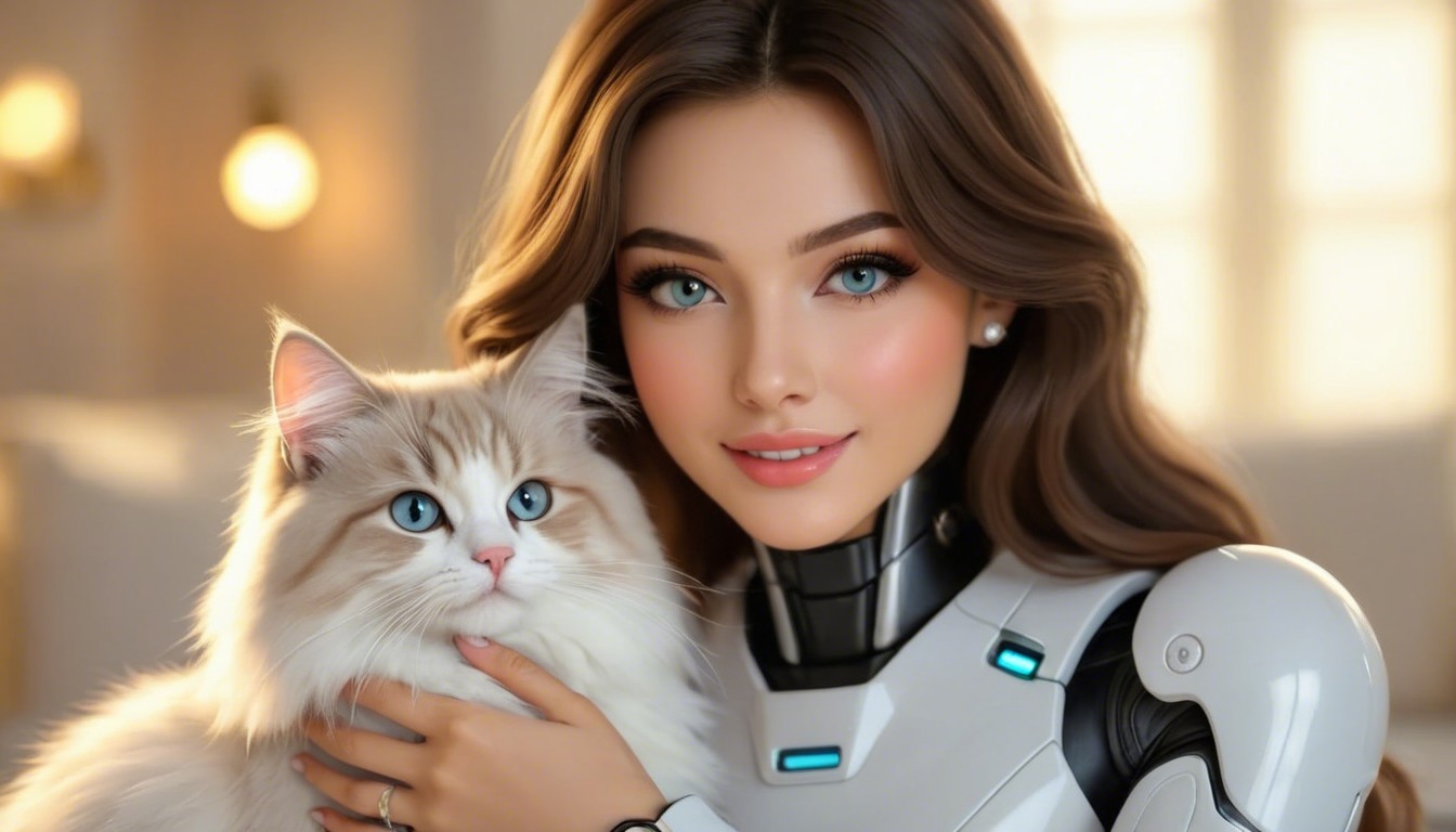 Futuristic Scene of Woman and Cat in Robotic Suit